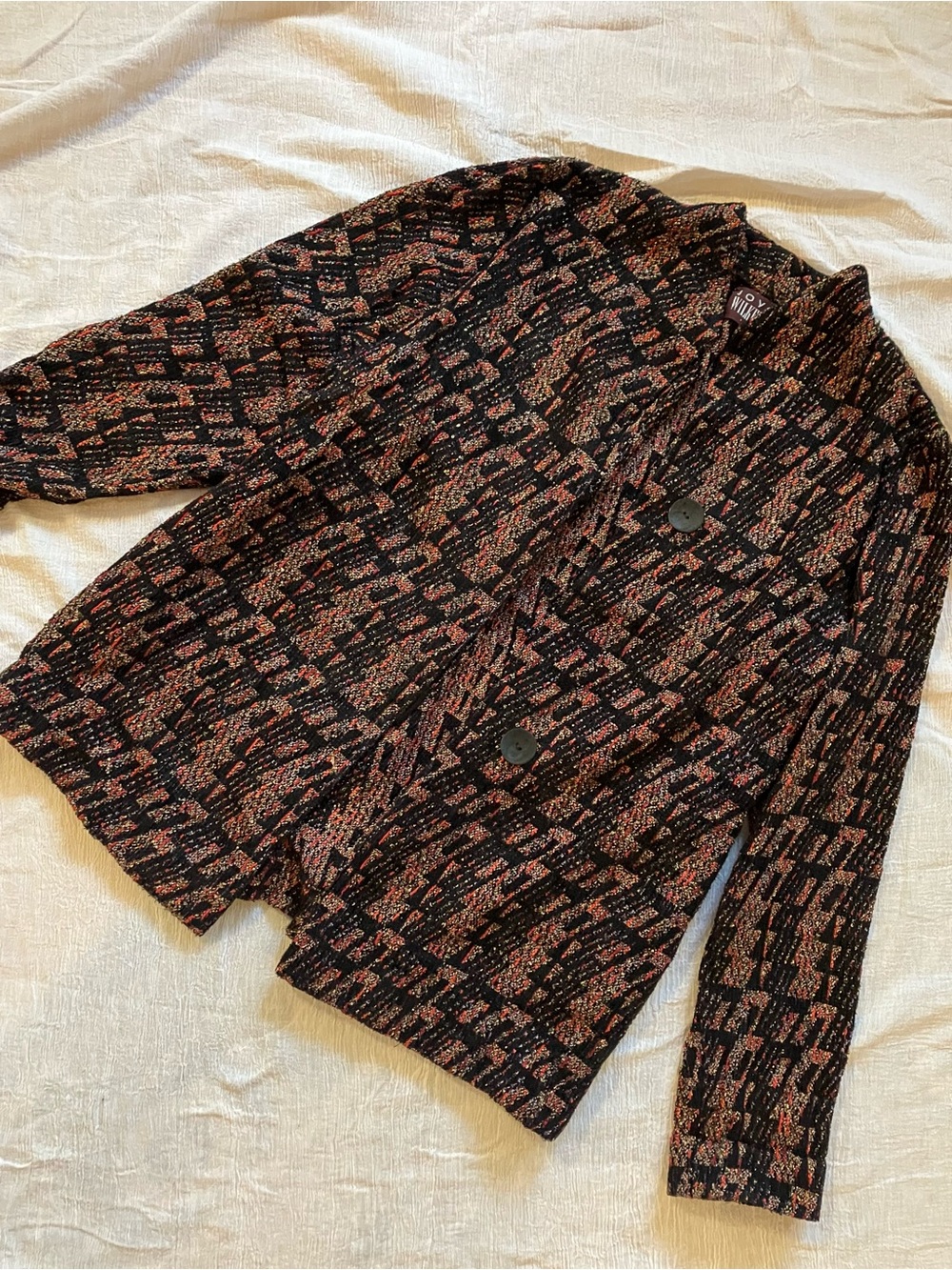 Textured Black Knit Blazer with Red Speckle Pattern